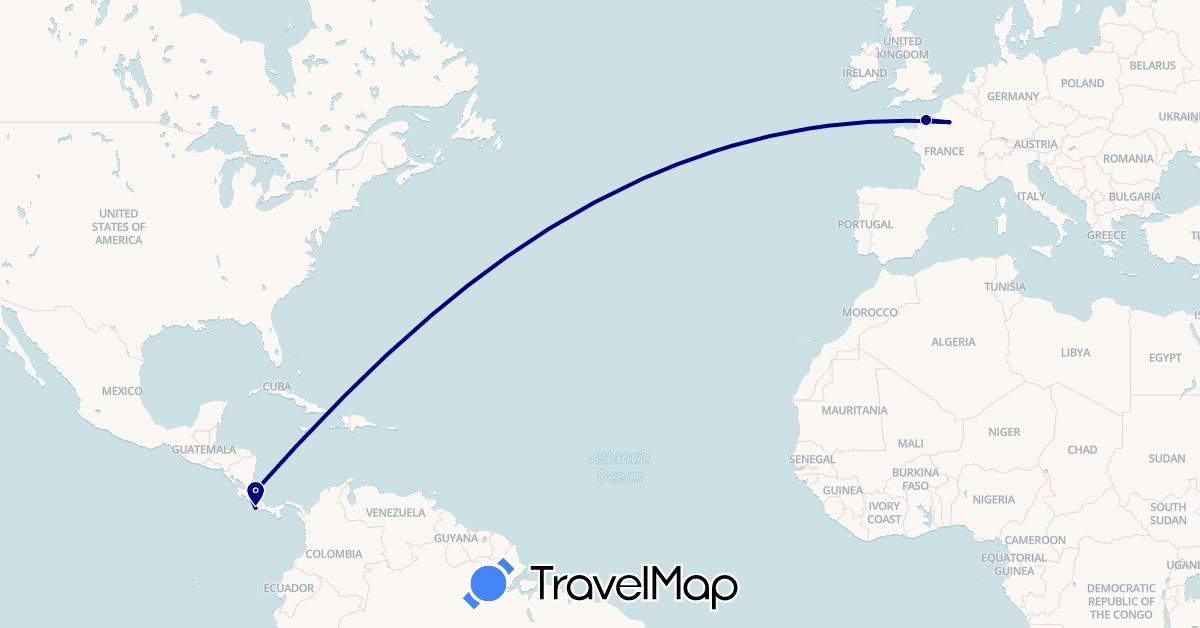 TravelMap itinerary: driving in Costa Rica, France (Europe, North America)